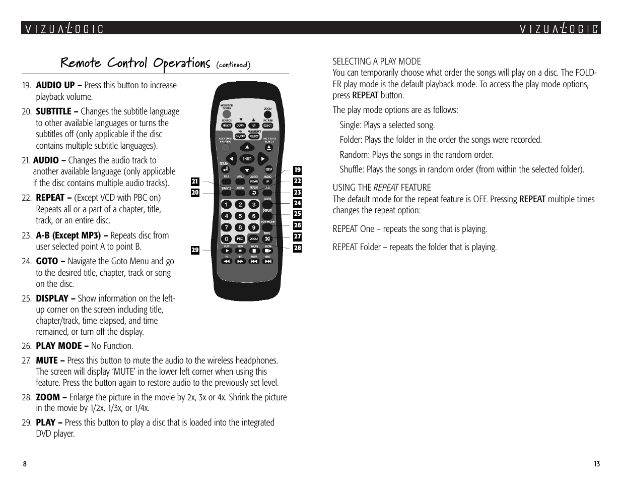 Remote control operations | Vizualogic A-2000 User Manual | Page 8 / 10