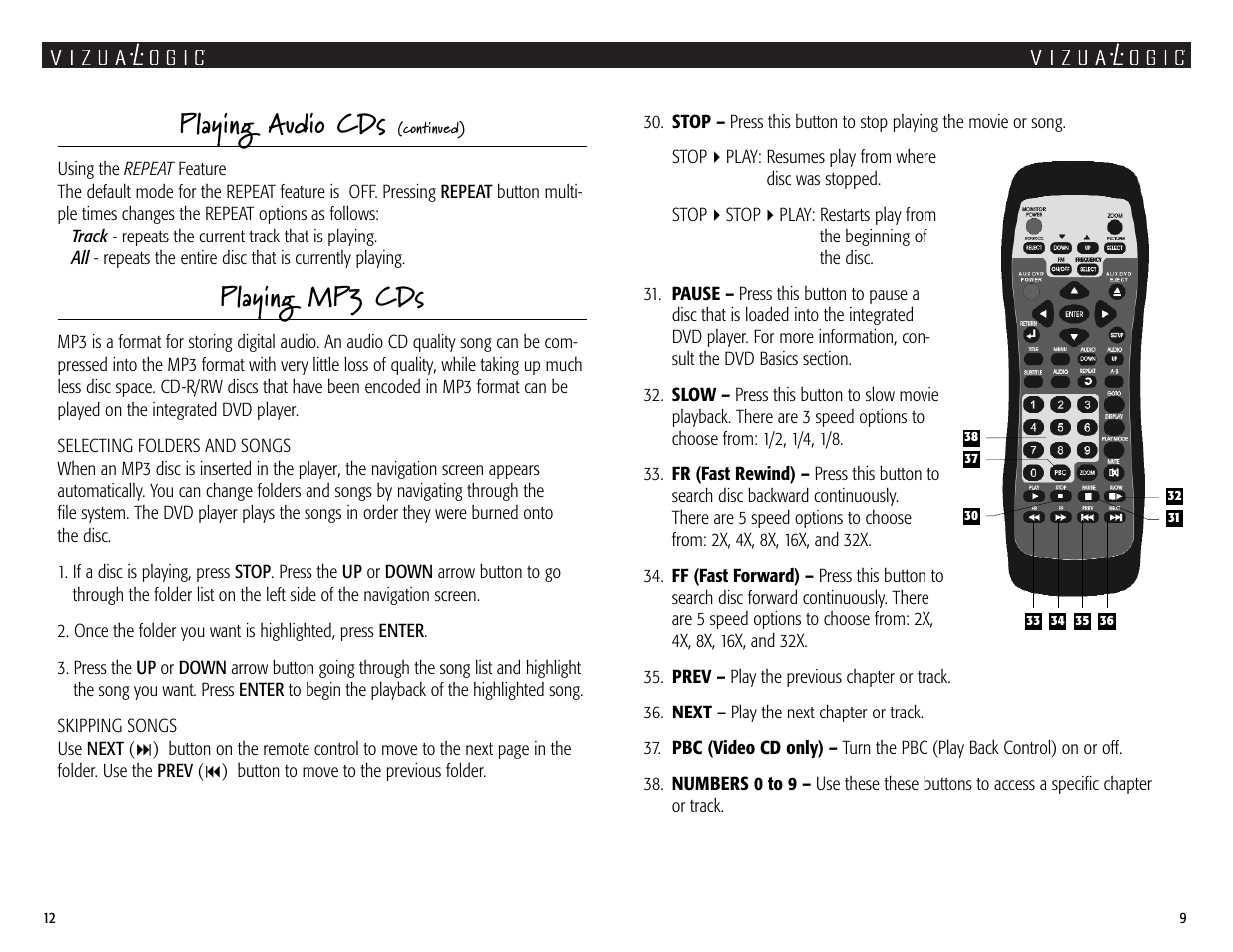Playing audio cds, Playing mp3 cds | Vizualogic A-2000 User Manual | Page 9 / 10