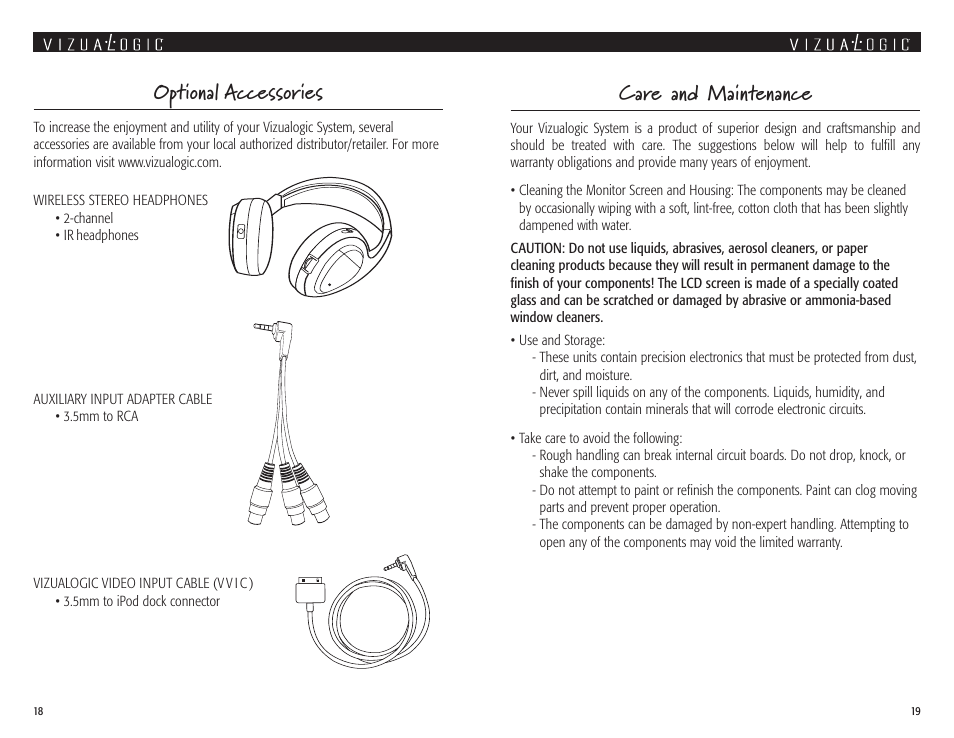 Care and maintenance, Optional accessories | Vizualogic A 1250 User Manual | Page 10 / 13