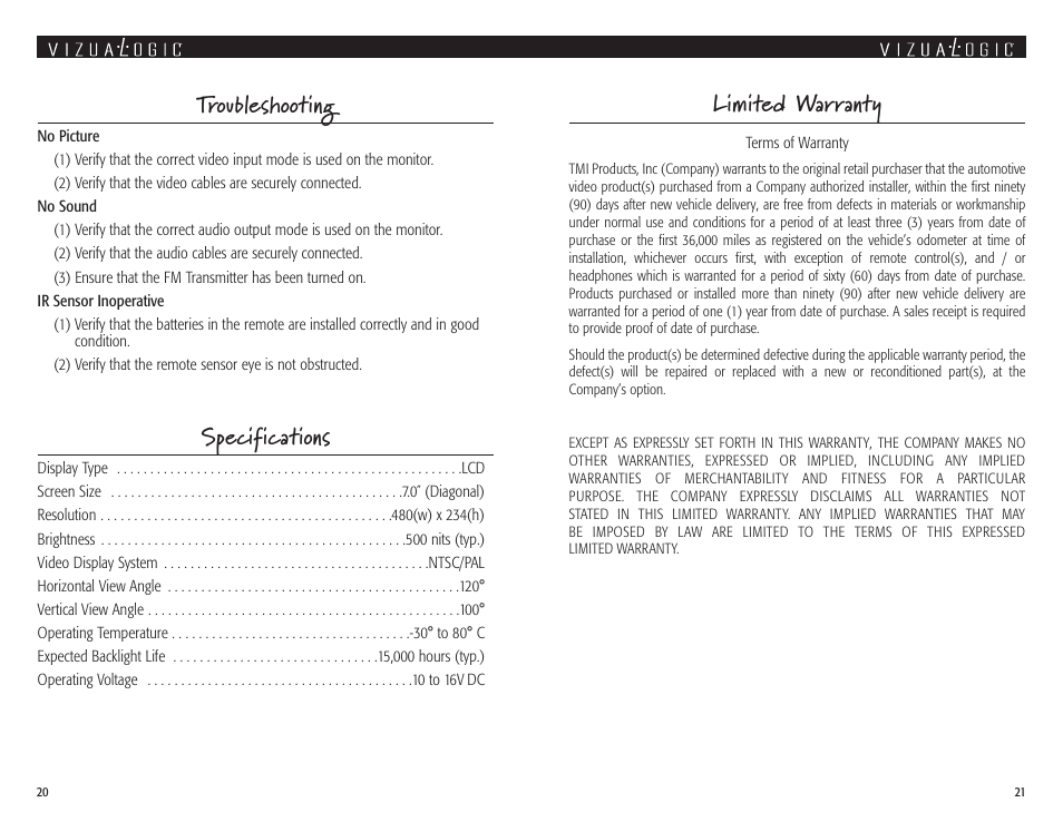 Limited warranty, Specifications, Troubleshooting | Vizualogic A 1250 User Manual | Page 11 / 13
