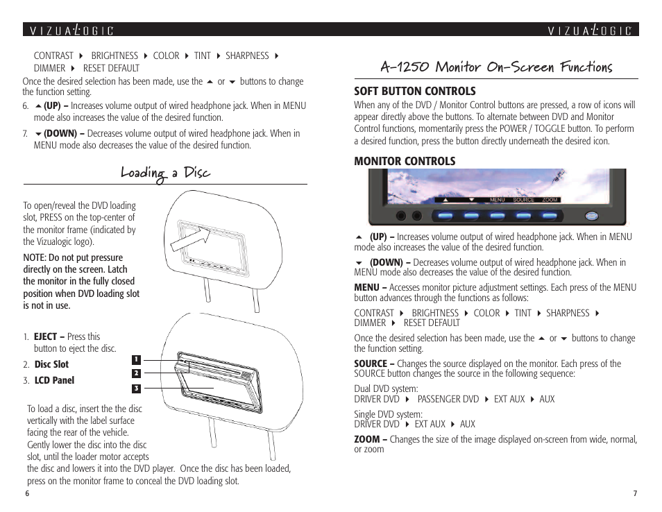 A-1250 monitor on-screen functions, Loading a disc | Vizualogic A 1250 User Manual | Page 4 / 13