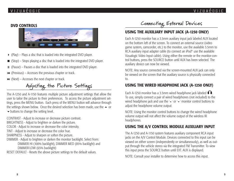 Connecting external devices, Adjusting the picture settings | Vizualogic A 1250 User Manual | Page 5 / 13
