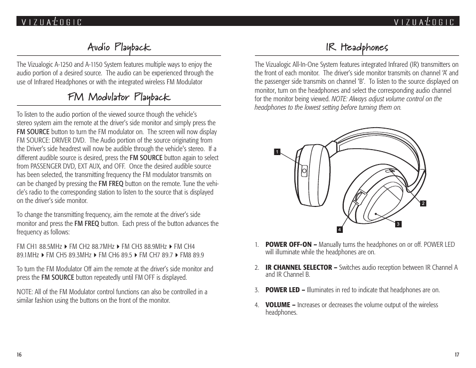 Ir headphones, Audio playback, Fm modulator playback | Vizualogic A 1250 User Manual | Page 9 / 13