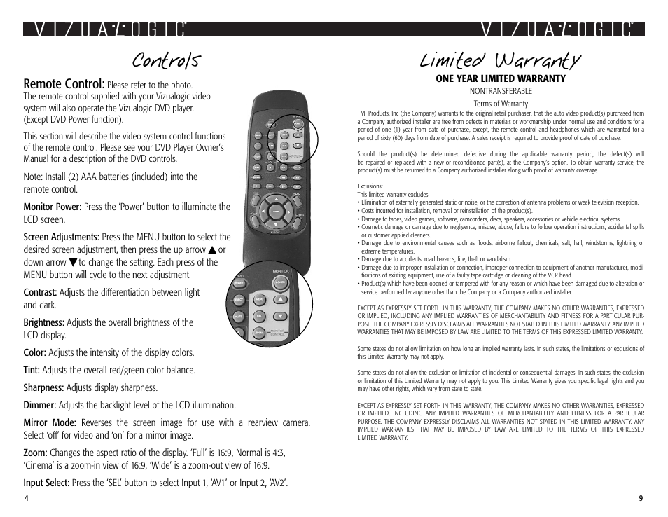 Limited warranty, Controls, Remote control | Vizualogic Model VL9000 User Manual | Page 4 / 6