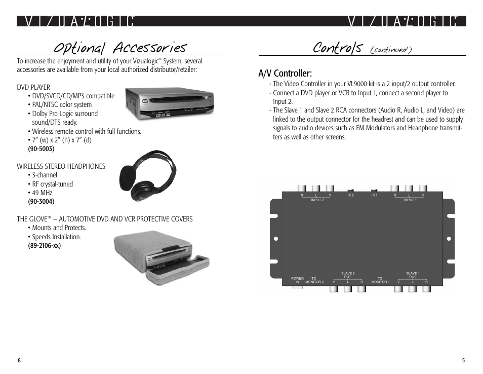 Controls, Optional accessories, A/v controller | Vizualogic Model VL9000 User Manual | Page 5 / 6