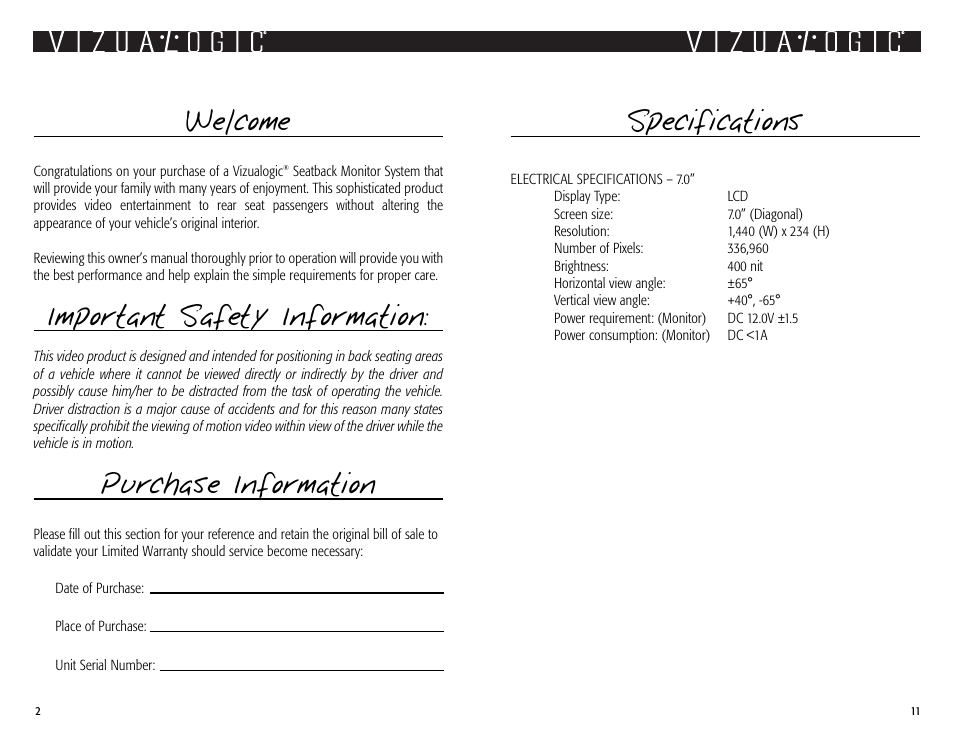 Welcome, Important safety information, Purchase information | Specifications | Vizualogic 2003 User Manual | Page 2 / 6