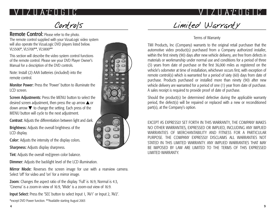 Limited warranty, Controls, Remote control | Vizualogic 2003 User Manual | Page 4 / 6