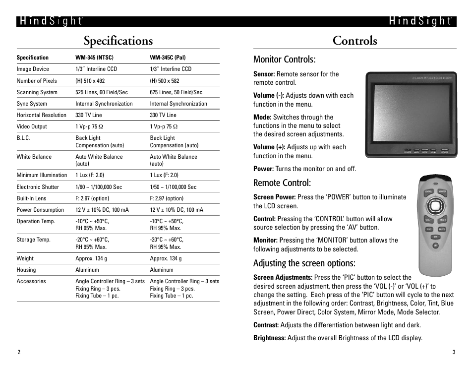 Specifications, Controls, Monitor controls | Remote control, Adjusting the screen options | Vizualogic HindsightTM User Manual | Page 3 / 6