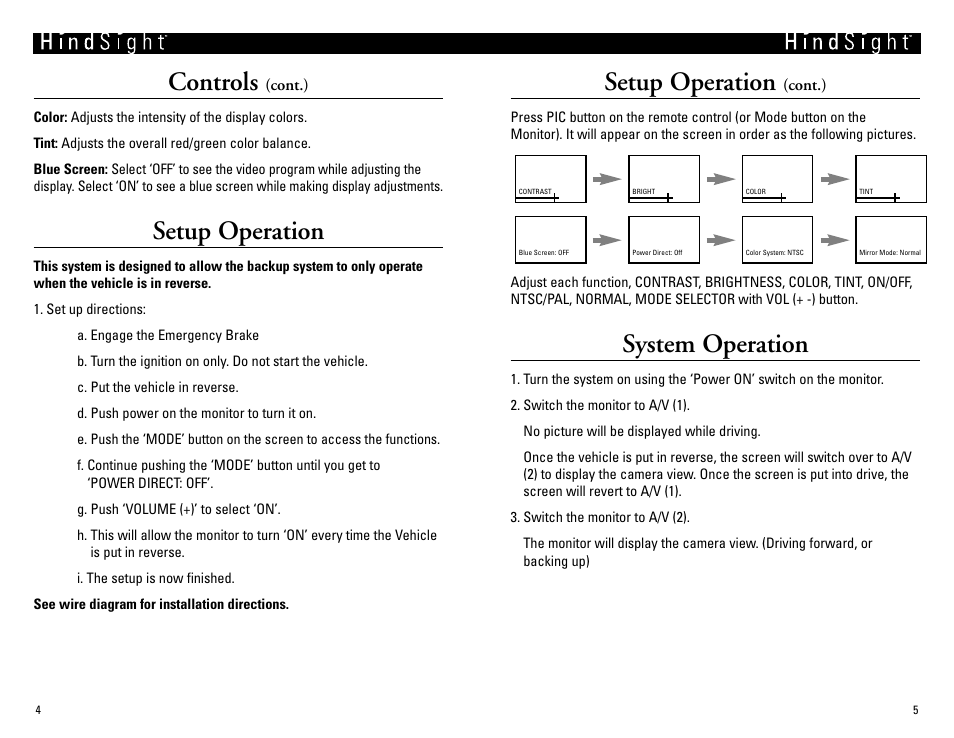 Controls, Setup operation, System operation | Vizualogic HindsightTM User Manual | Page 4 / 6