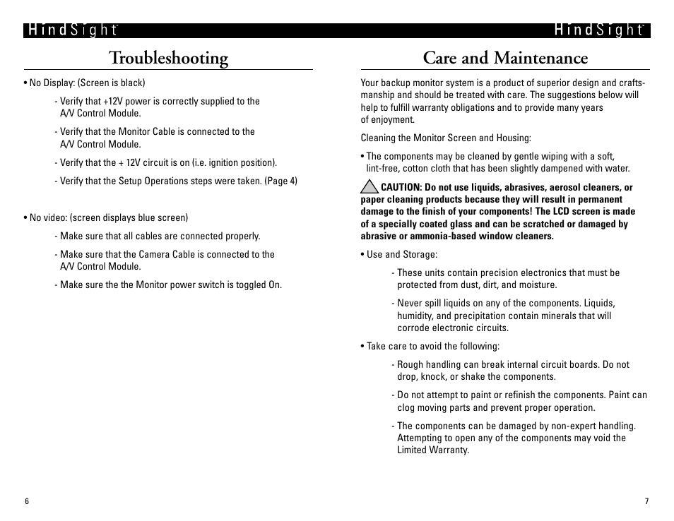 Care and maintenance, Troubleshooting | Vizualogic HindsightTM User Manual | Page 5 / 6