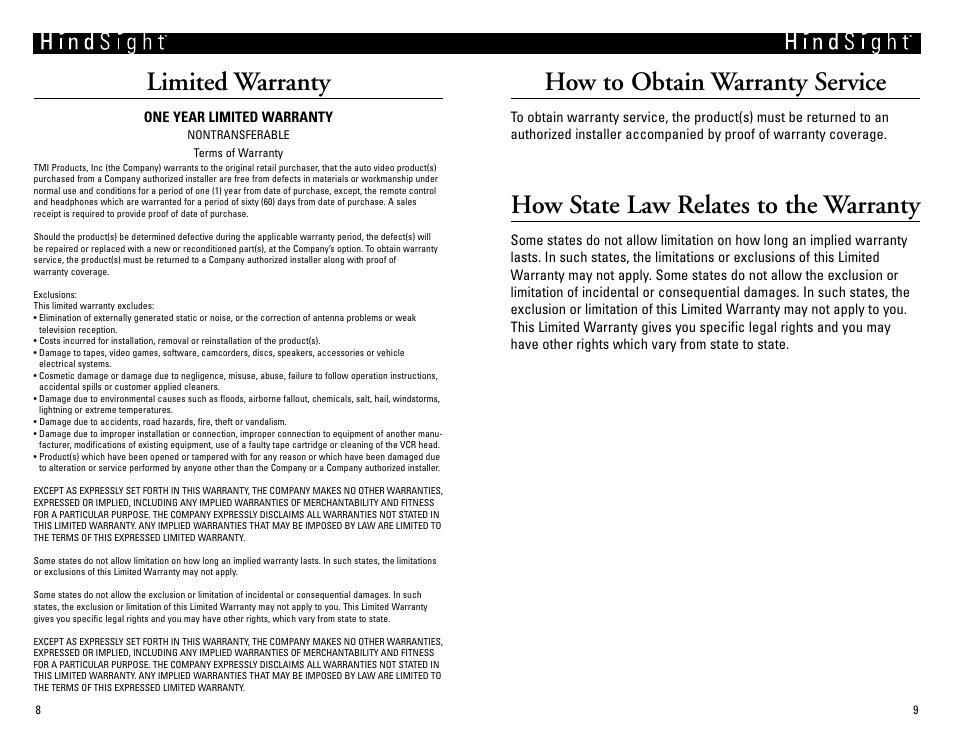 Limited warranty, How to obtain warranty service, How state law relates to the warranty | Vizualogic HindsightTM User Manual | Page 6 / 6