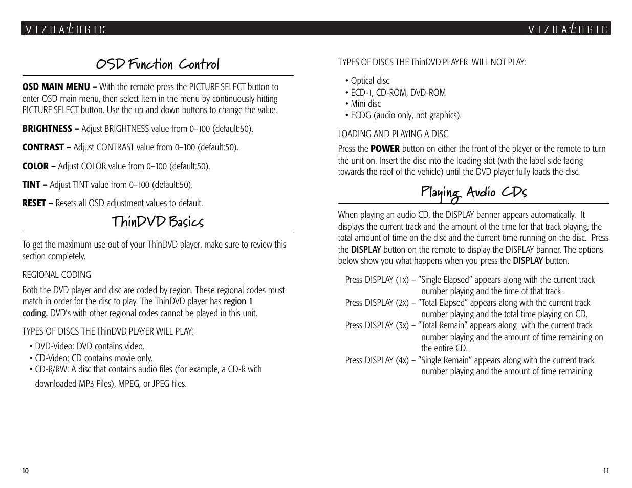 Playing audio cds, Osd function control, Thindvd basics | Vizualogic Quantum Series User Manual | Page 10 / 10