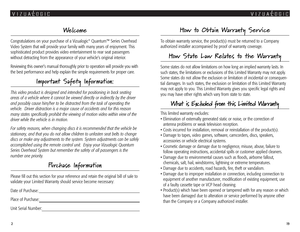 Welcome, Important safety information, Purchase information | How to obtain warranty service, How state law relates to the warranty, What is excluded from this limited warranty | Vizualogic Quantum Series User Manual | Page 2 / 10