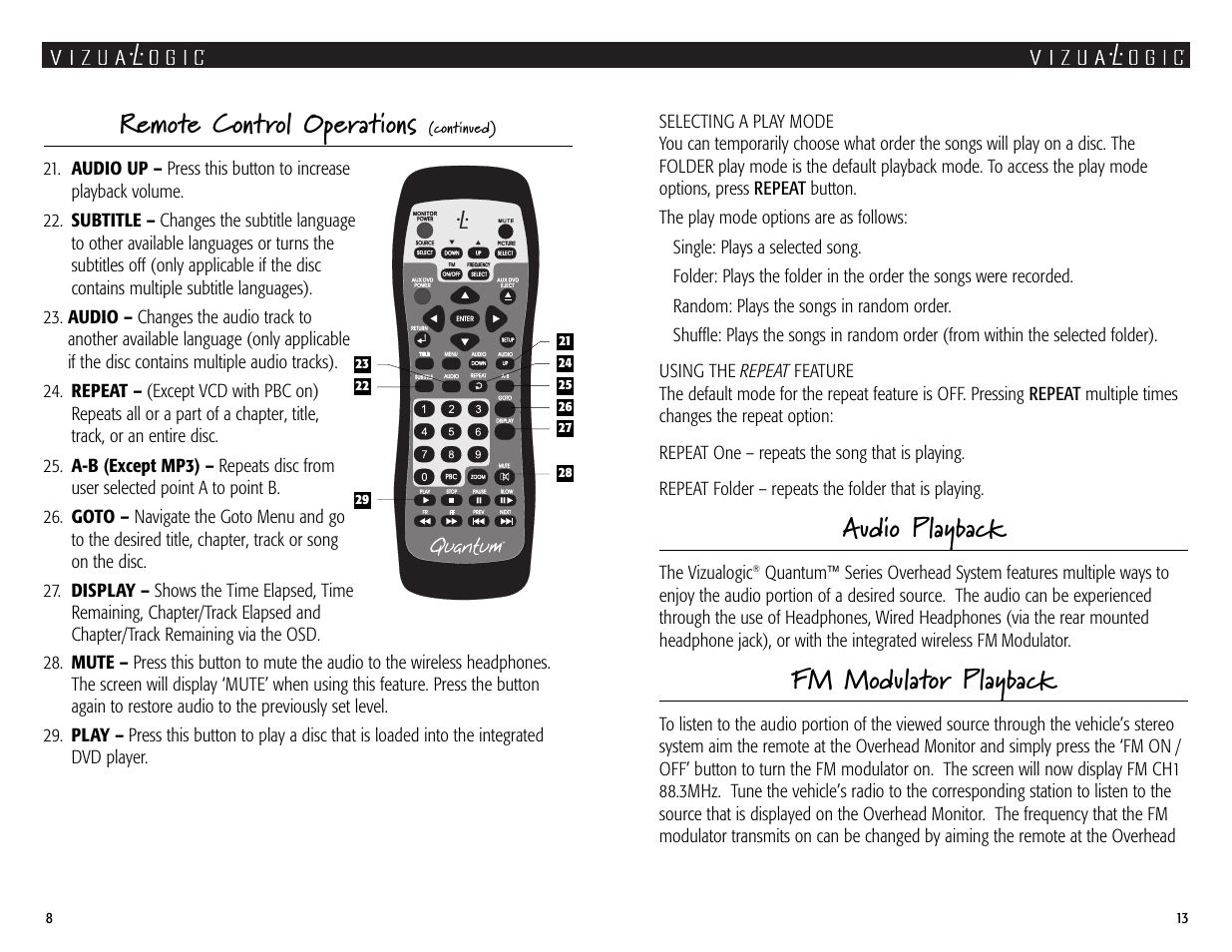 Audio playback, Fm modulator playback, Remote control operations | Vizualogic Quantum Series User Manual | Page 8 / 10