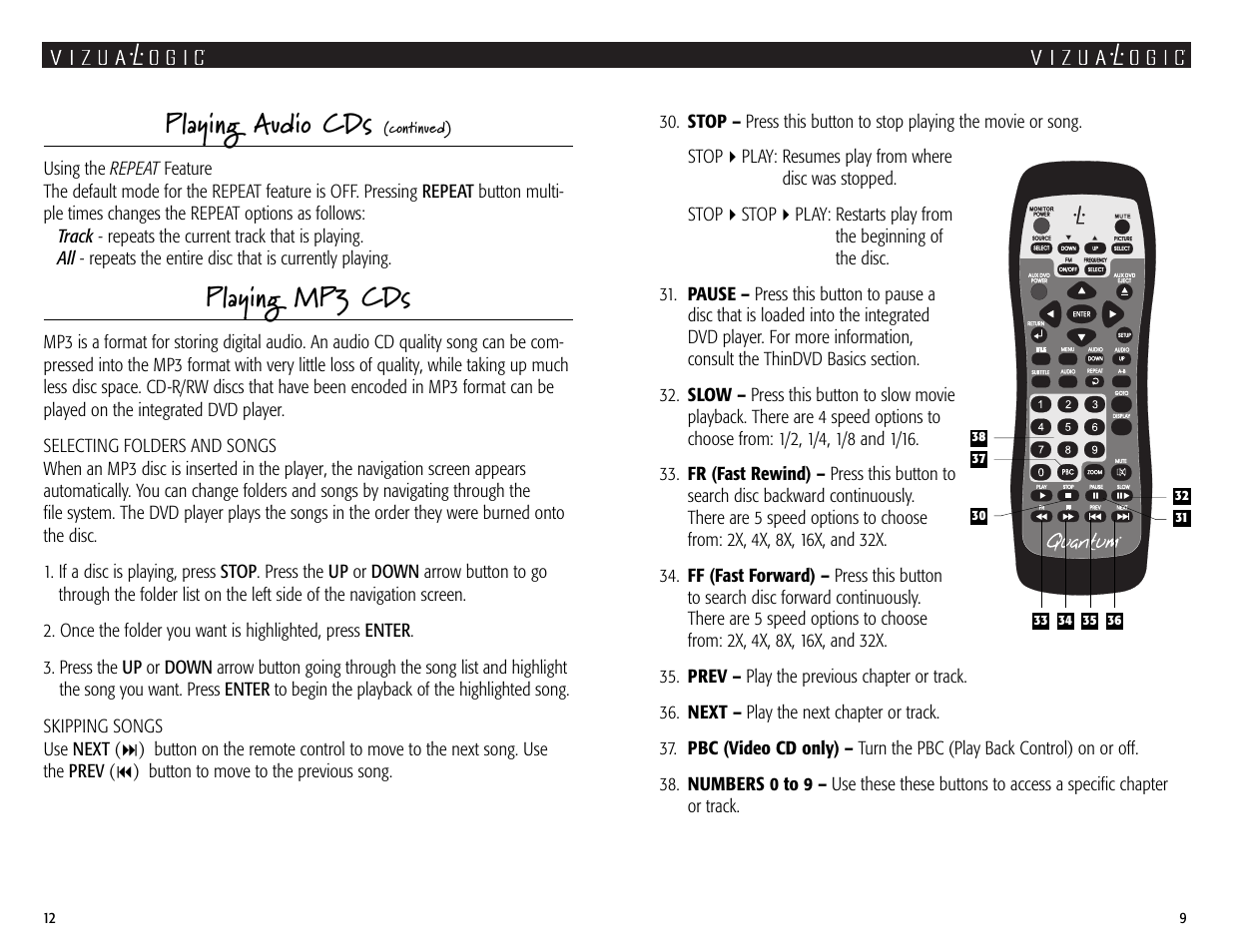 Playing audio cds, Playing mp3 cds | Vizualogic Quantum Series User Manual | Page 9 / 10