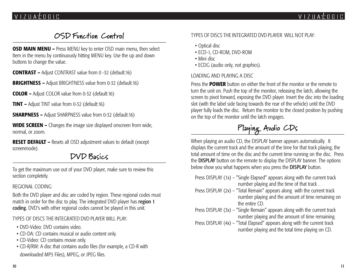 Osd function control, Dvd basics, Playing audio cds | Vizualogic A1000 User Manual | Page 10 / 10