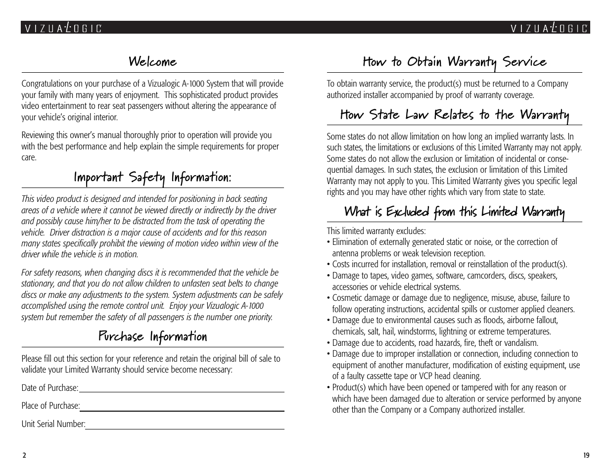 Welcome, Important safety information, Purchase information | How to obtain warranty service, How state law relates to the warranty, What is excluded from this limited warranty | Vizualogic A1000 User Manual | Page 2 / 10