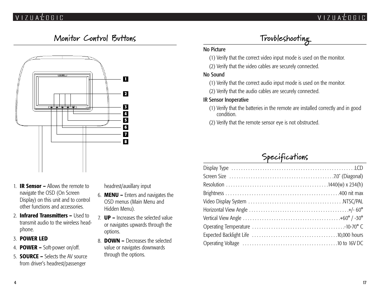 Specifications, Monitor control buttons troubleshooting | Vizualogic A1000 User Manual | Page 4 / 10