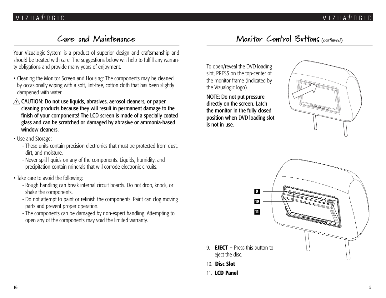 Monitor control buttons, Care and maintenance | Vizualogic A1000 User Manual | Page 5 / 10