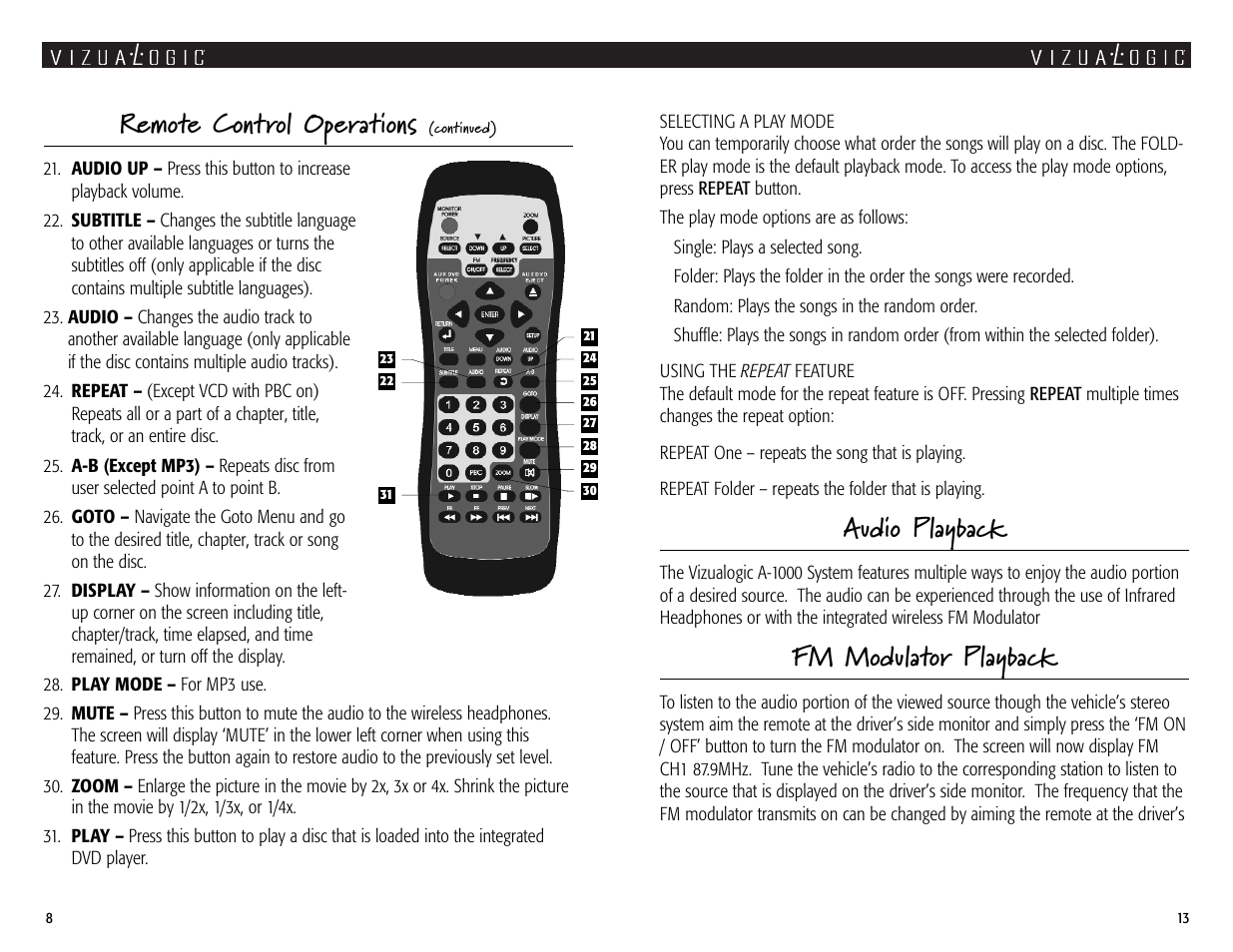 Remote control operations, Audio playback, Fm modulator playback | Vizualogic A1000 User Manual | Page 8 / 10