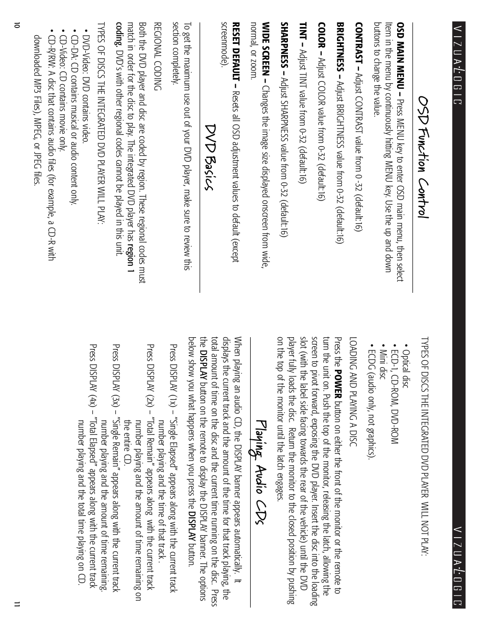 Os d func tion c ont rol, Dv d b asics, Pl ayin g a ud io cds | Vizualogic A-1000 User Manual | Page 10 / 10