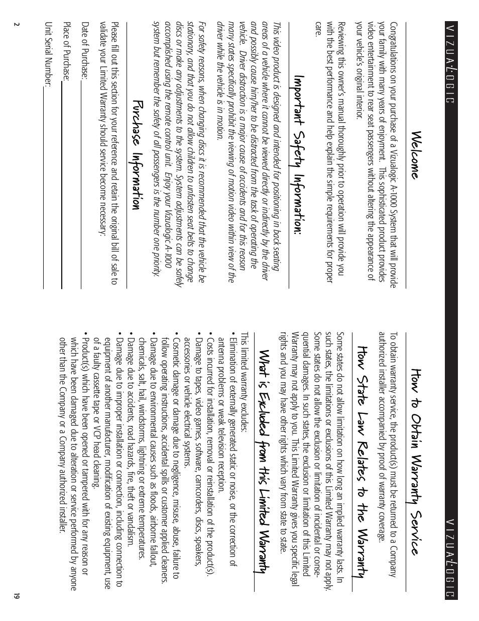 Welc ome, Impor tant s afe ty inf ormat ion, Pur ch ase inf ormat ion | How t o ob tain w ar ranty ser vic e, How st at e l aw r ela tes t o the w ar ranty | Vizualogic A-1000 User Manual | Page 2 / 10