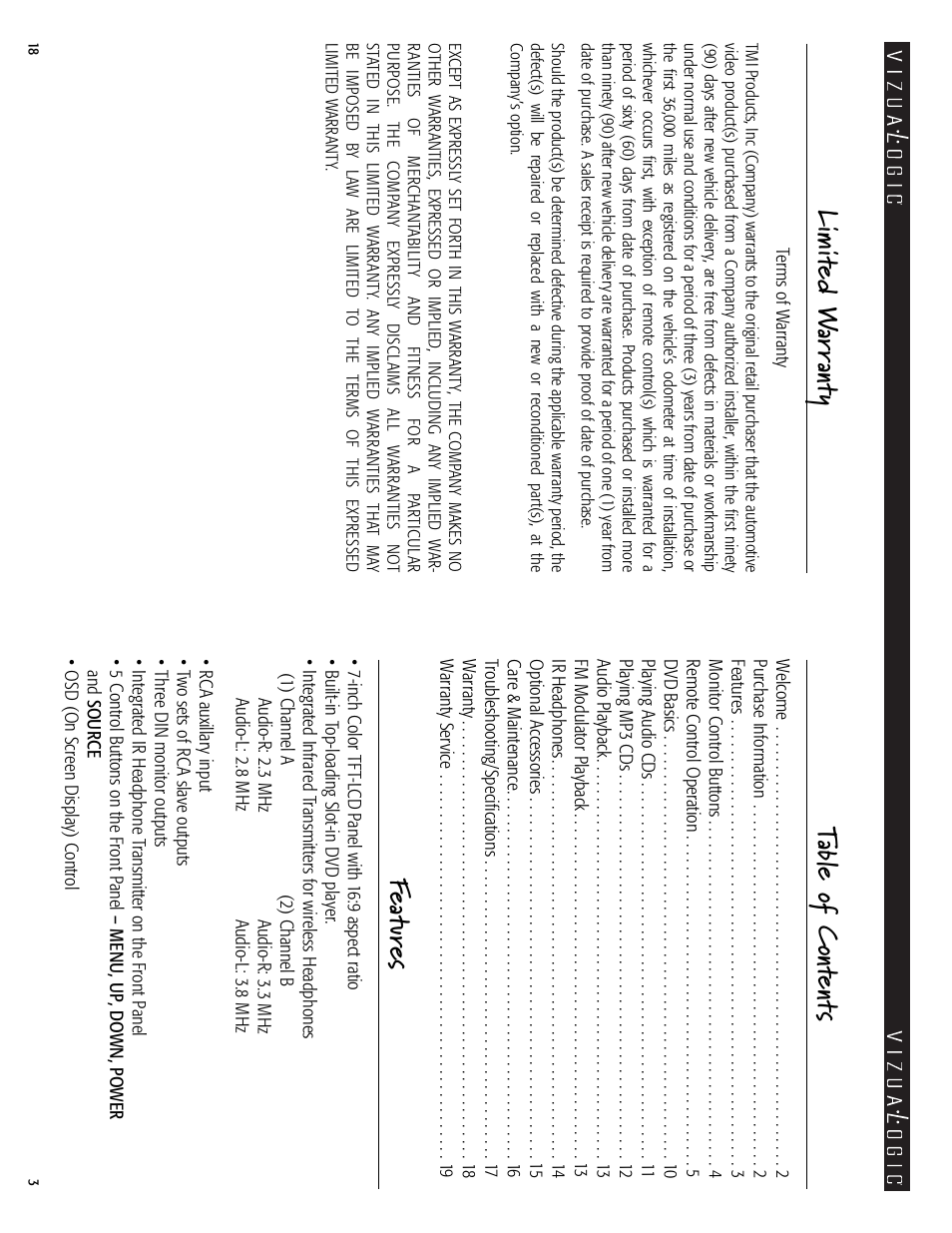 Tabl e of c ont ents, Feat ur es, Limit ed w ar ranty | Vizualogic A-1000 User Manual | Page 3 / 10