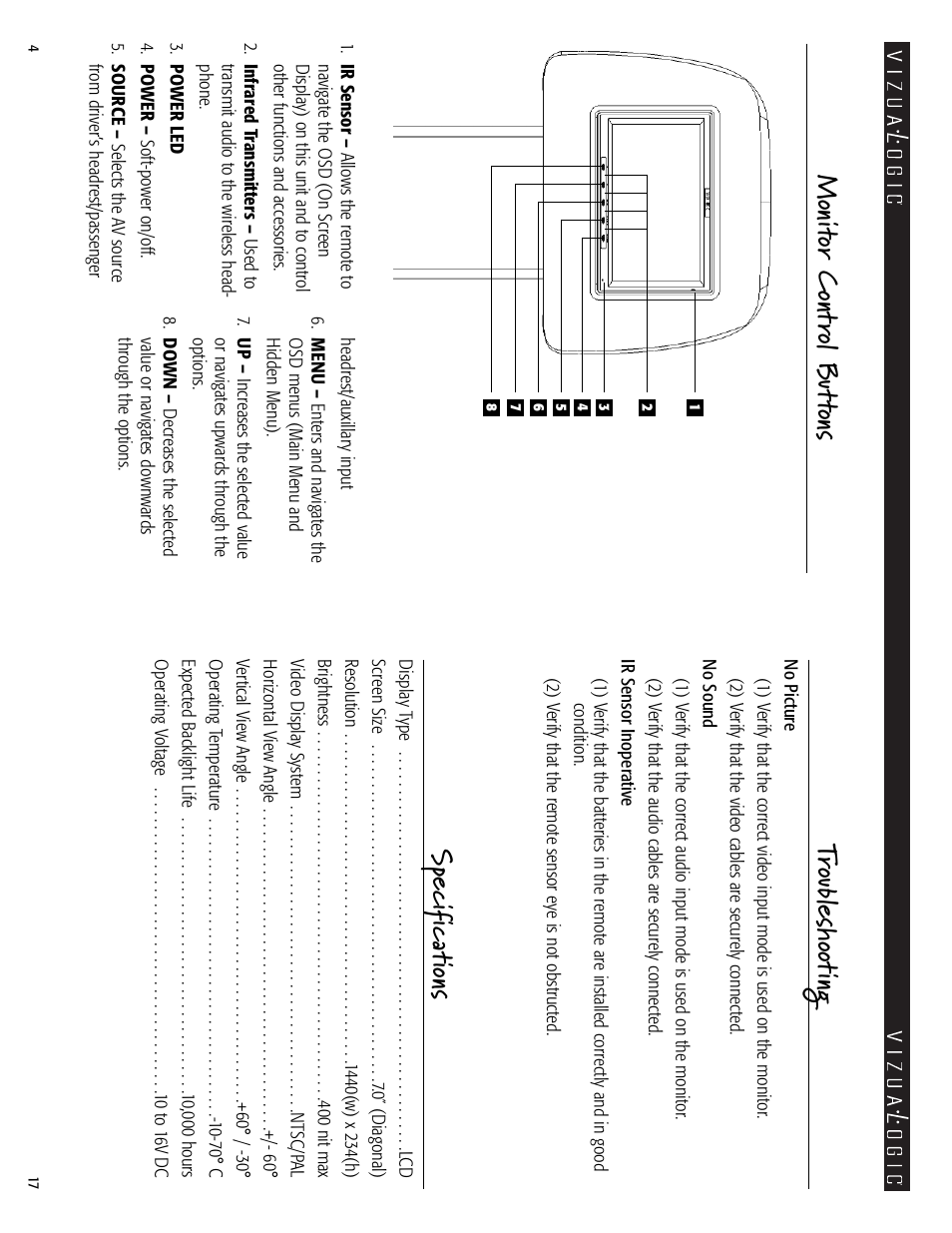 Sp ec ific at ions, Monit or c ont rol but tons tr oubl eshoot in g | Vizualogic A-1000 User Manual | Page 4 / 10