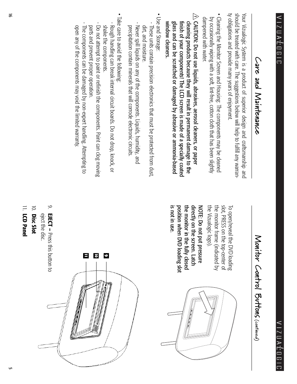 Monit or c ont rol but tons, Car e and ma int enanc e | Vizualogic A-1000 User Manual | Page 5 / 10