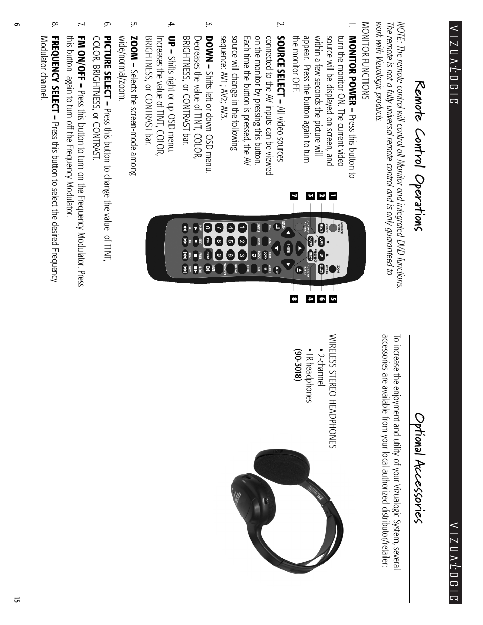 Remot e c ont rol op er at ions, Opt iona la cc essor ie s | Vizualogic A-1000 User Manual | Page 6 / 10