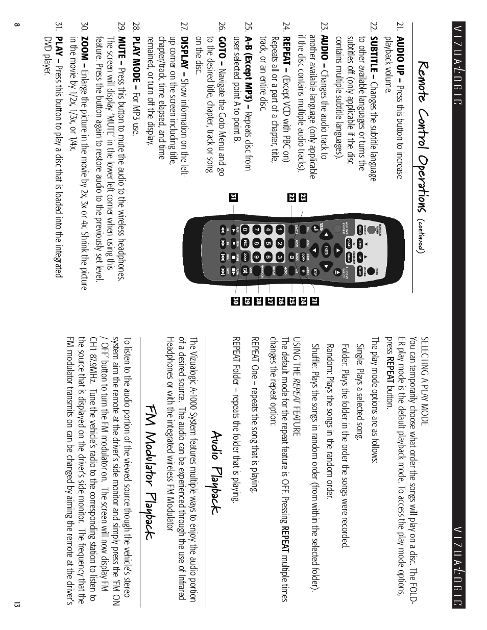 Remot e c ont rol op er at ions, Au dio pl ayb ac k, Fm mo du lat or pl ayb ac k | Vizualogic A-1000 User Manual | Page 8 / 10