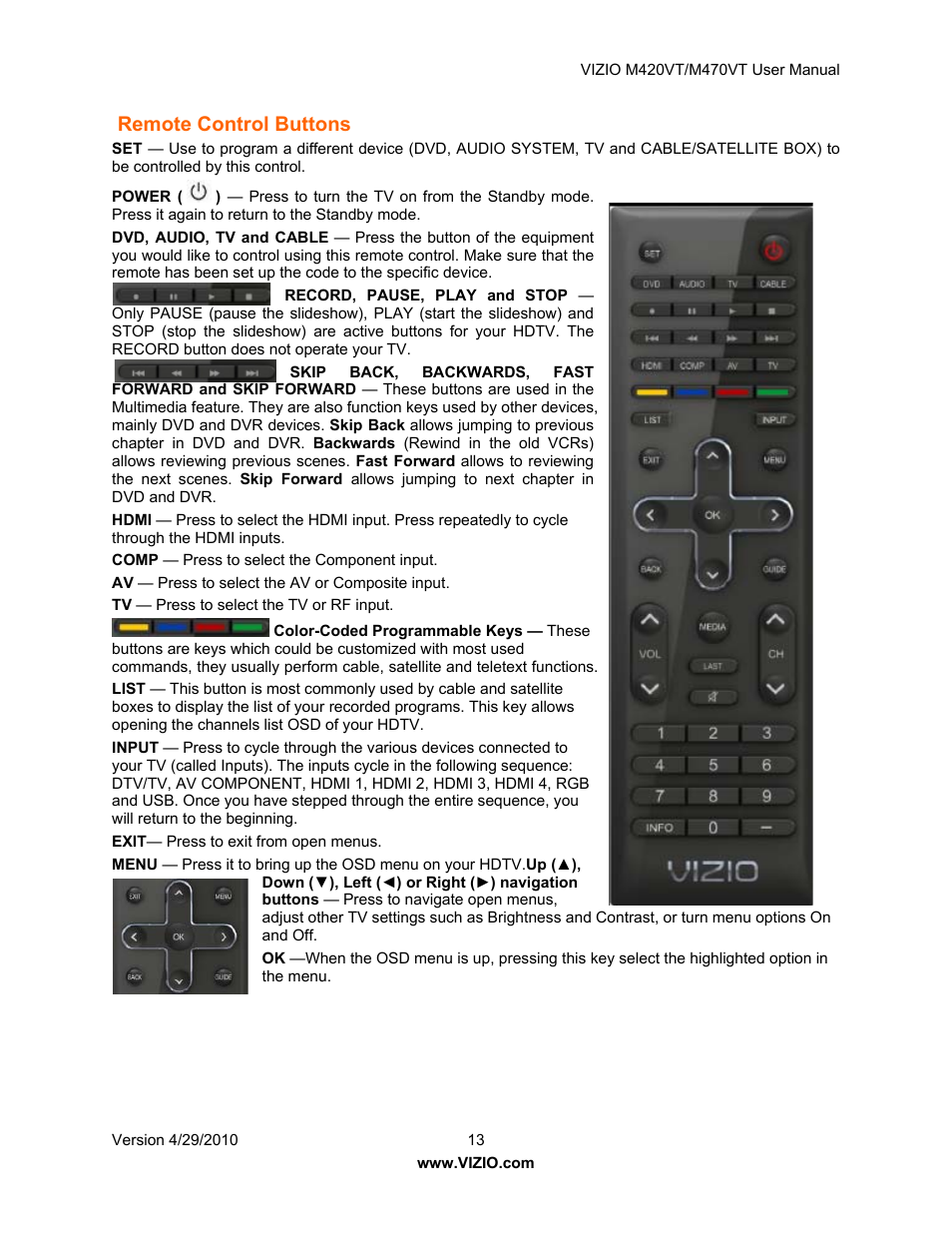 Remote control buttons | Vizio M420VT User Manual | Page 13 / 55