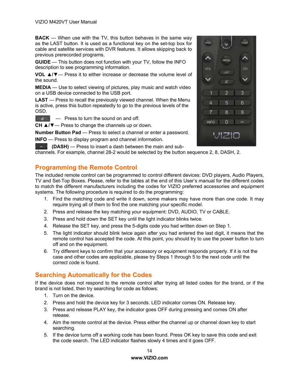 Programming the remote control, Searching automatically for the codes, Side panel controls | Rear and side panel connections, Remote control buttons | Vizio M420VT User Manual | Page 14 / 55