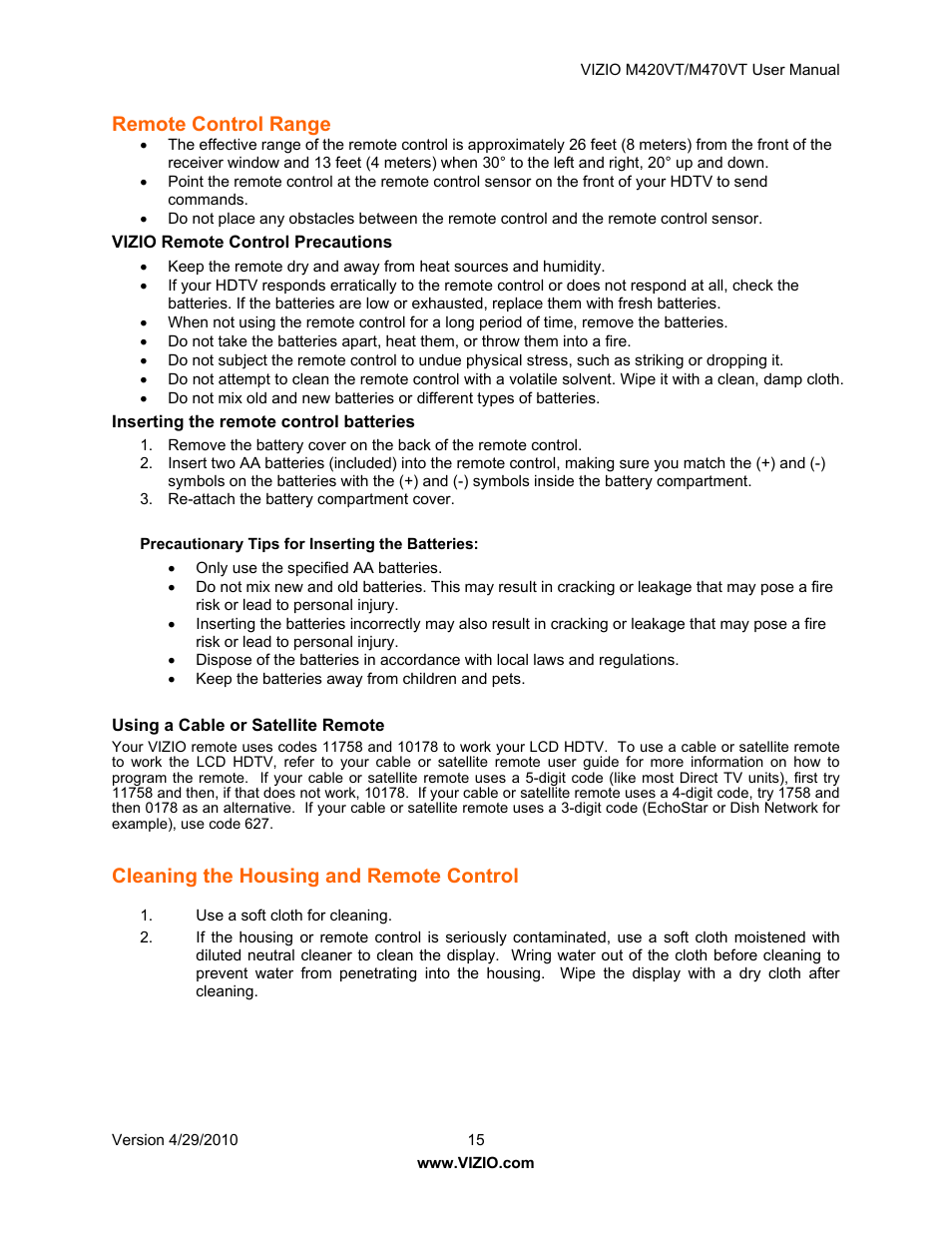 Remote control range, Vizio remote control precautions, Inserting the remote control batteries | Using a cable or satellite remote, Programming the remote control, Rching automatically for the codes, Emote control range, Cleaning the housing and remote control | Vizio M420VT User Manual | Page 15 / 55