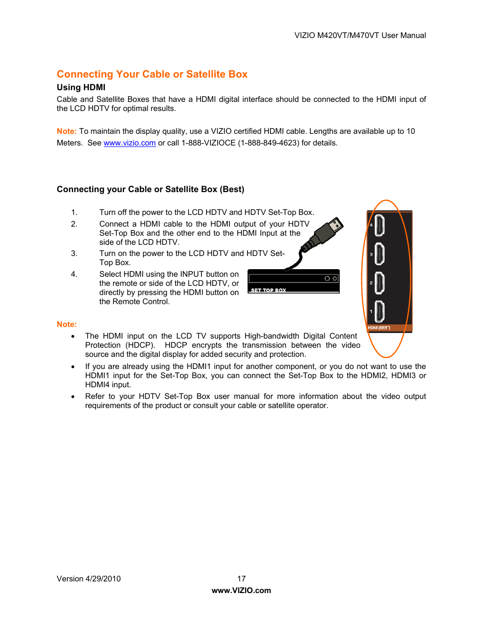 Connecting your cable or satellite box, Using hdmi, Using a cable or satellite remote | Pter 3 connecting equipment | Vizio M420VT User Manual | Page 17 / 55