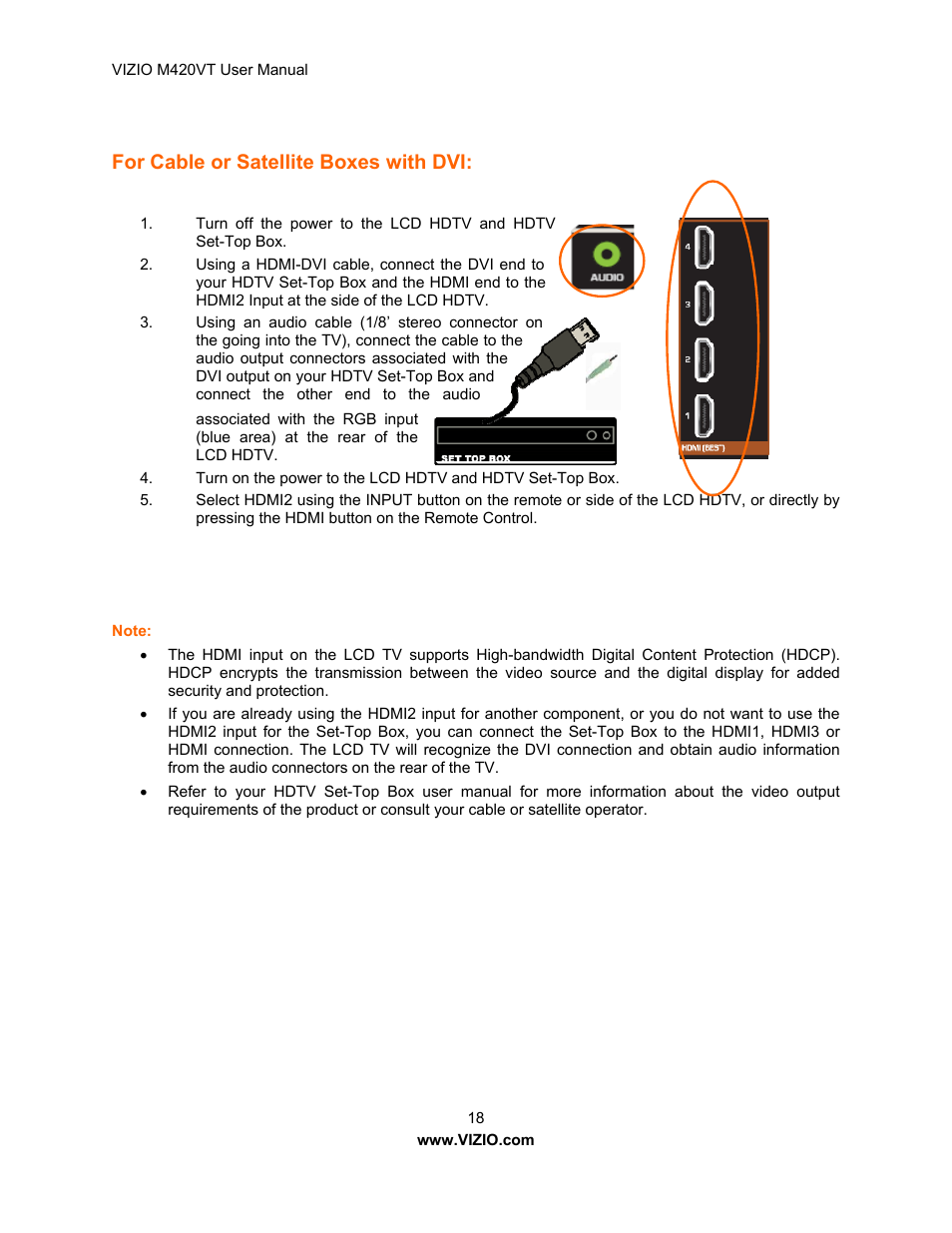 For cable or satellite boxes with dvi | Vizio M420VT User Manual | Page 18 / 55