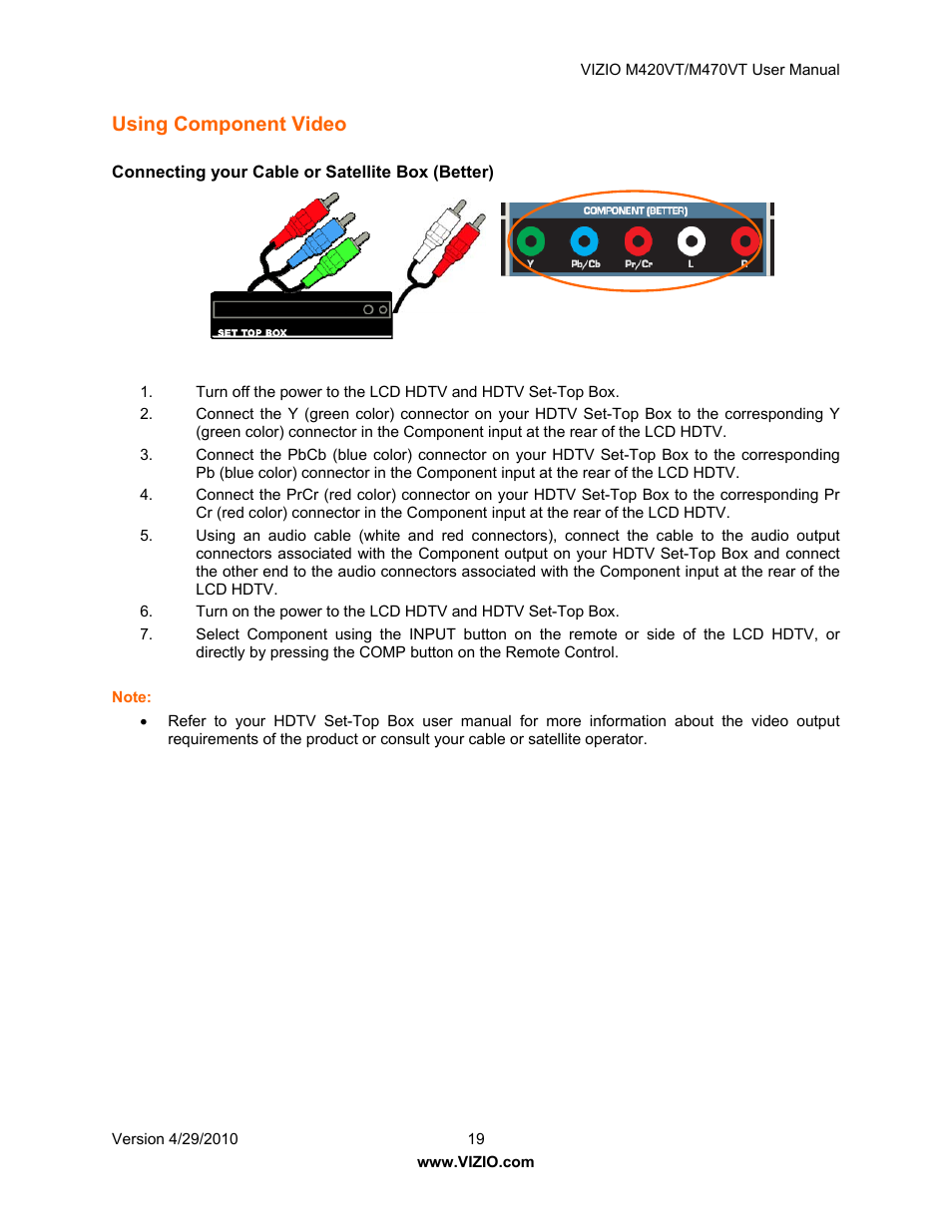 Using component video | Vizio M420VT User Manual | Page 19 / 55