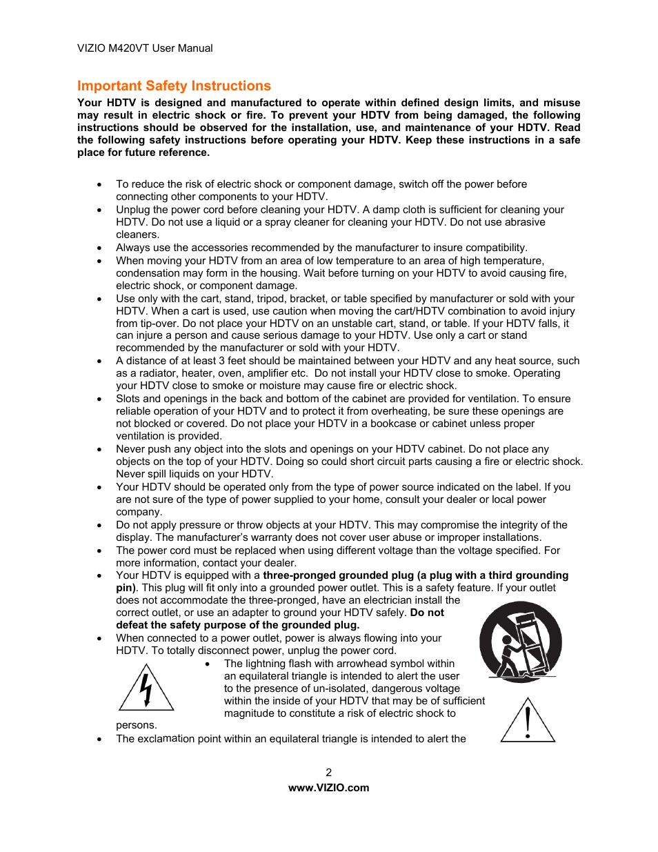 Important safety instructions, Portant safety instructions | Vizio M420VT User Manual | Page 2 / 55