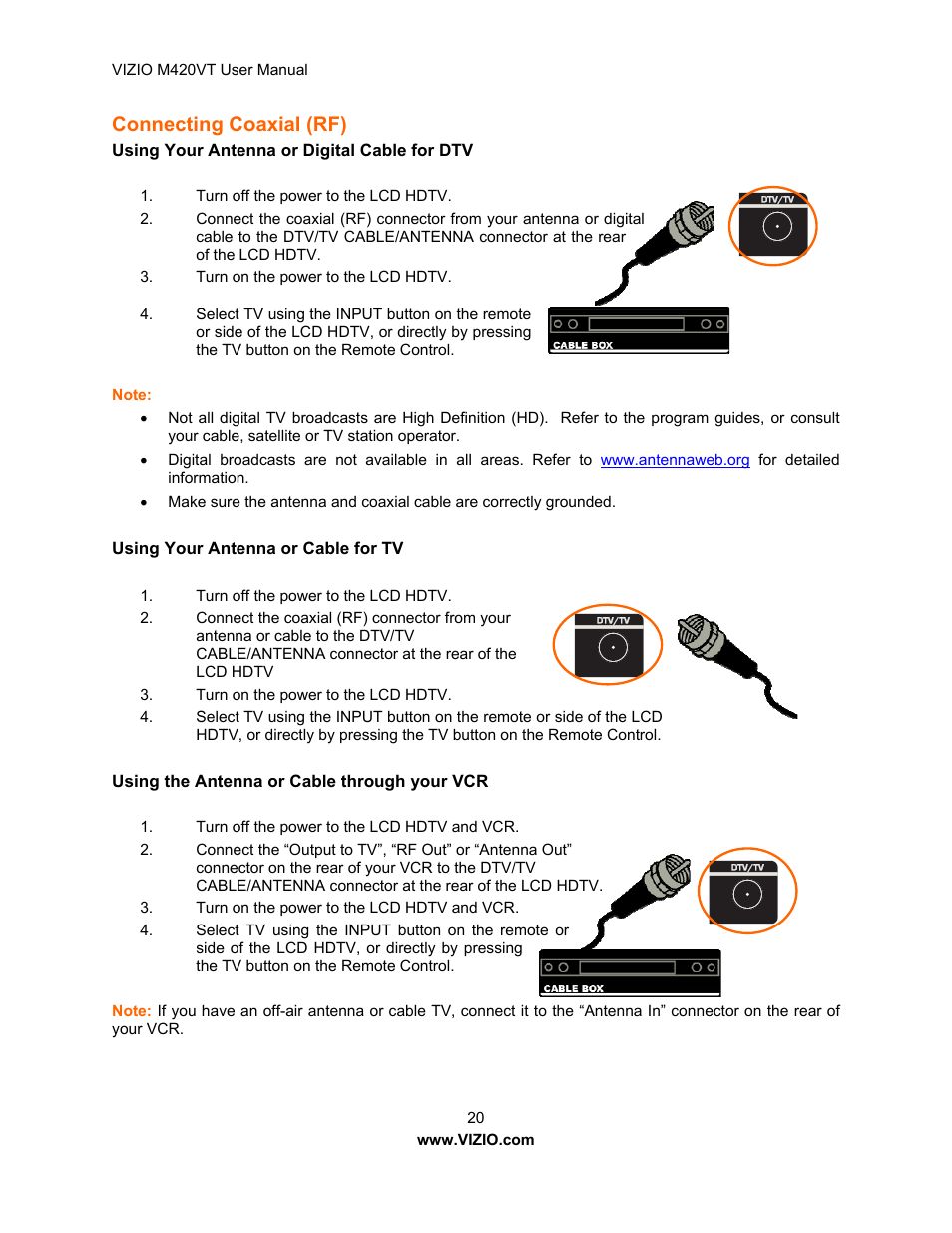 Connecting coaxial (rf), Using your antenna or digital cable for dtv, Using your antenna or cable for tv | Using the antenna or cable through your vcr, Connecting your cable or satellite box, Using hdmi, Sing component video, Onnecting coaxial (rf) | Vizio M420VT User Manual | Page 20 / 55