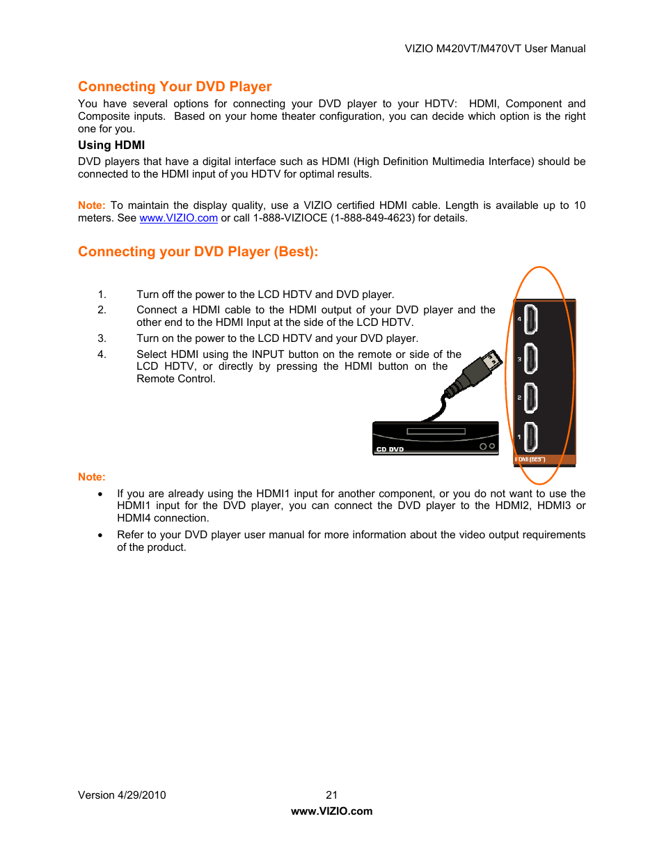 Connecting your dvd player, Using hdmi, Using your antenna or digital cable for dtv | Using your antenna or cable for tv, Connecting your dvd player (best) | Vizio M420VT User Manual | Page 21 / 55