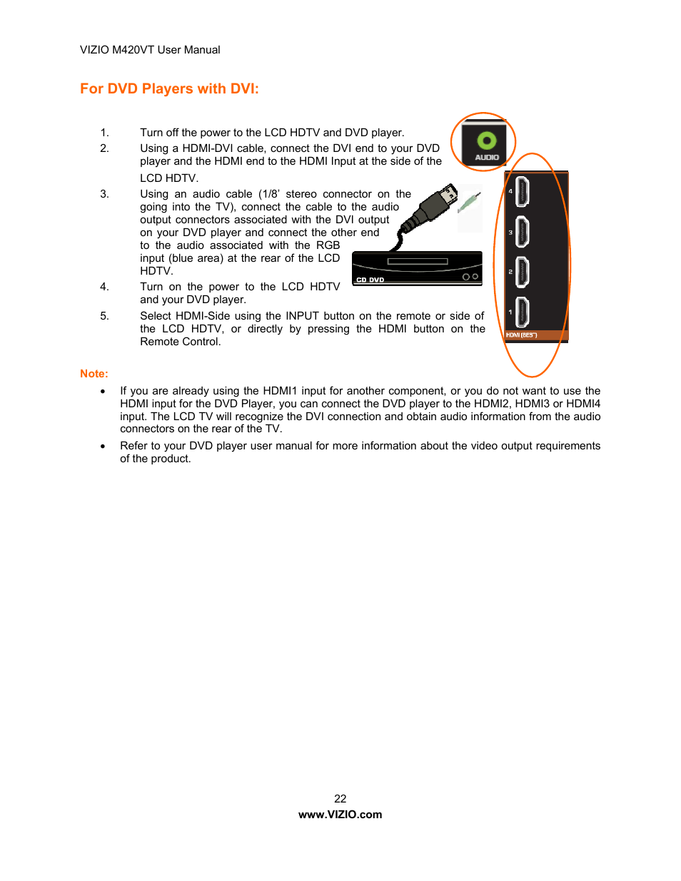 For dvd players with dvi | Vizio M420VT User Manual | Page 22 / 55