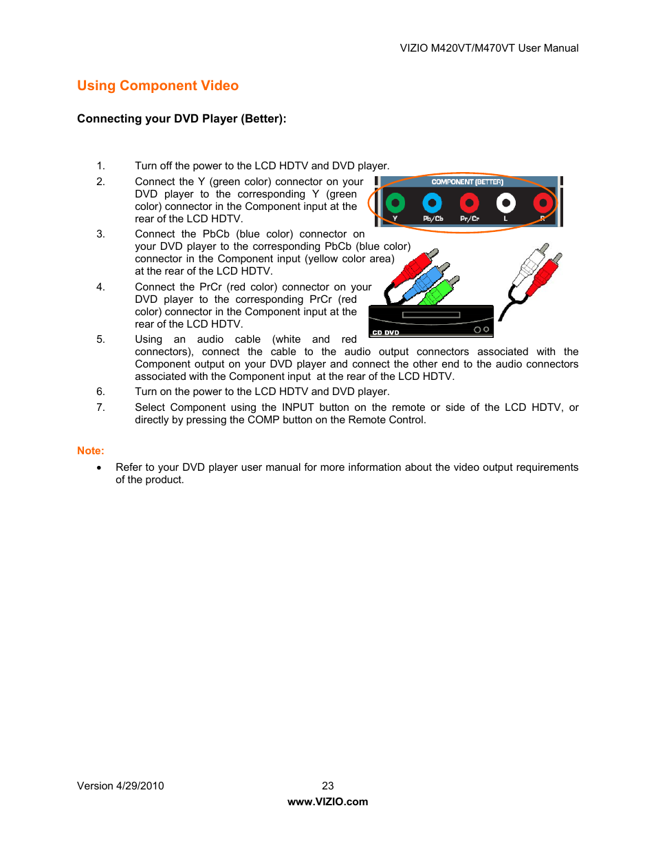 Using component video, Using the antenna or cable through your vcr | Vizio M420VT User Manual | Page 23 / 55