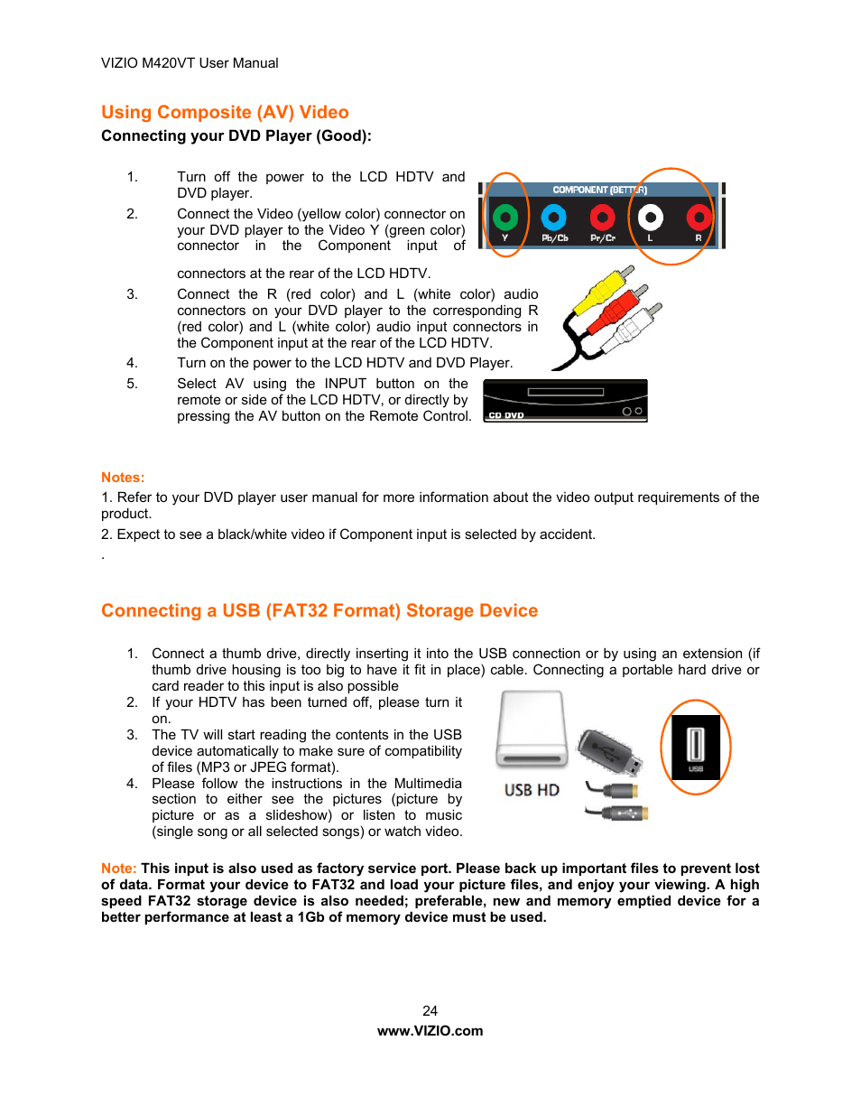 Using composite (av) video, Connecting a usb (fat32 format) storage device, Connecting your dvd player | Using hdmi, Using component video | Vizio M420VT User Manual | Page 24 / 55