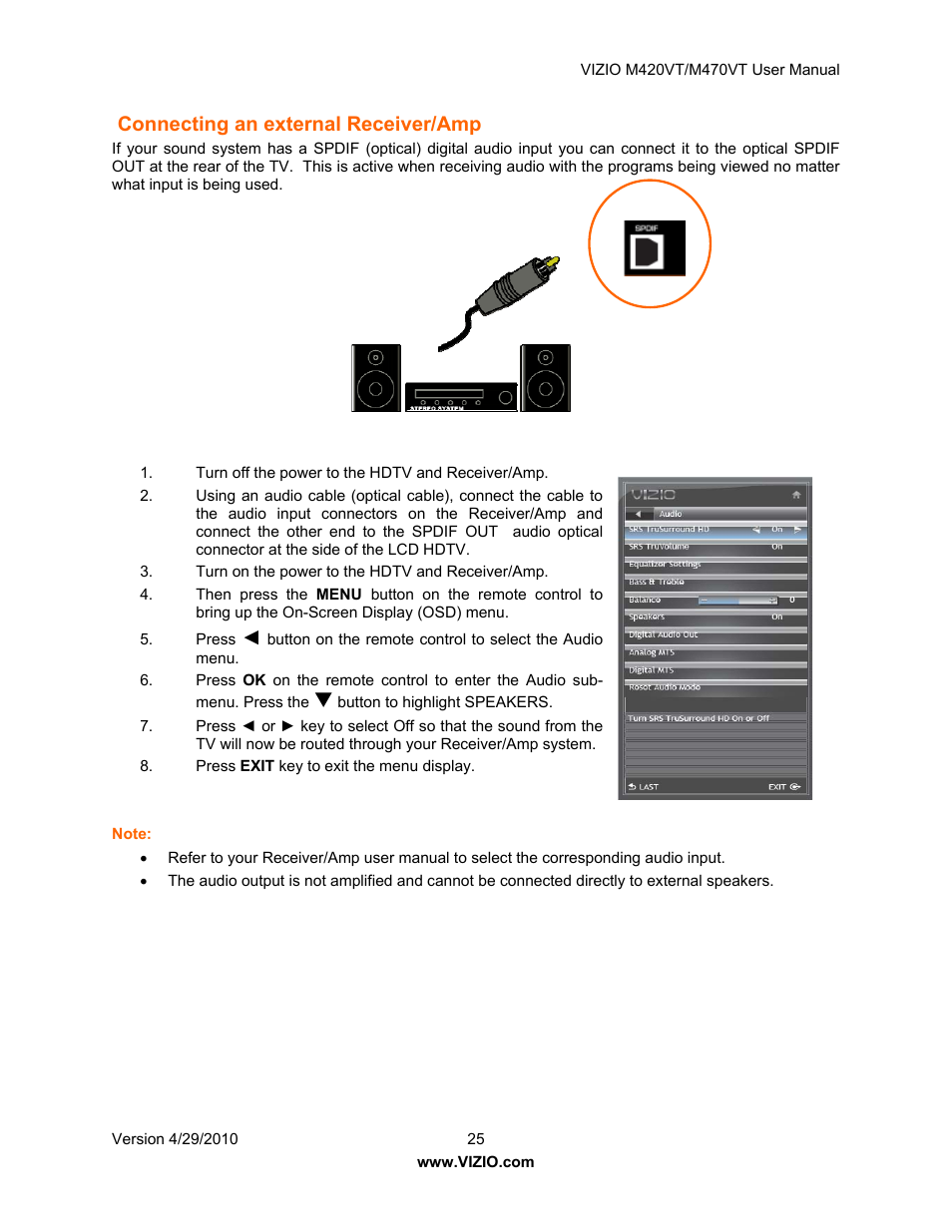 Connecting an external receiver/amp, Using composite (av) video | Vizio M420VT User Manual | Page 25 / 55