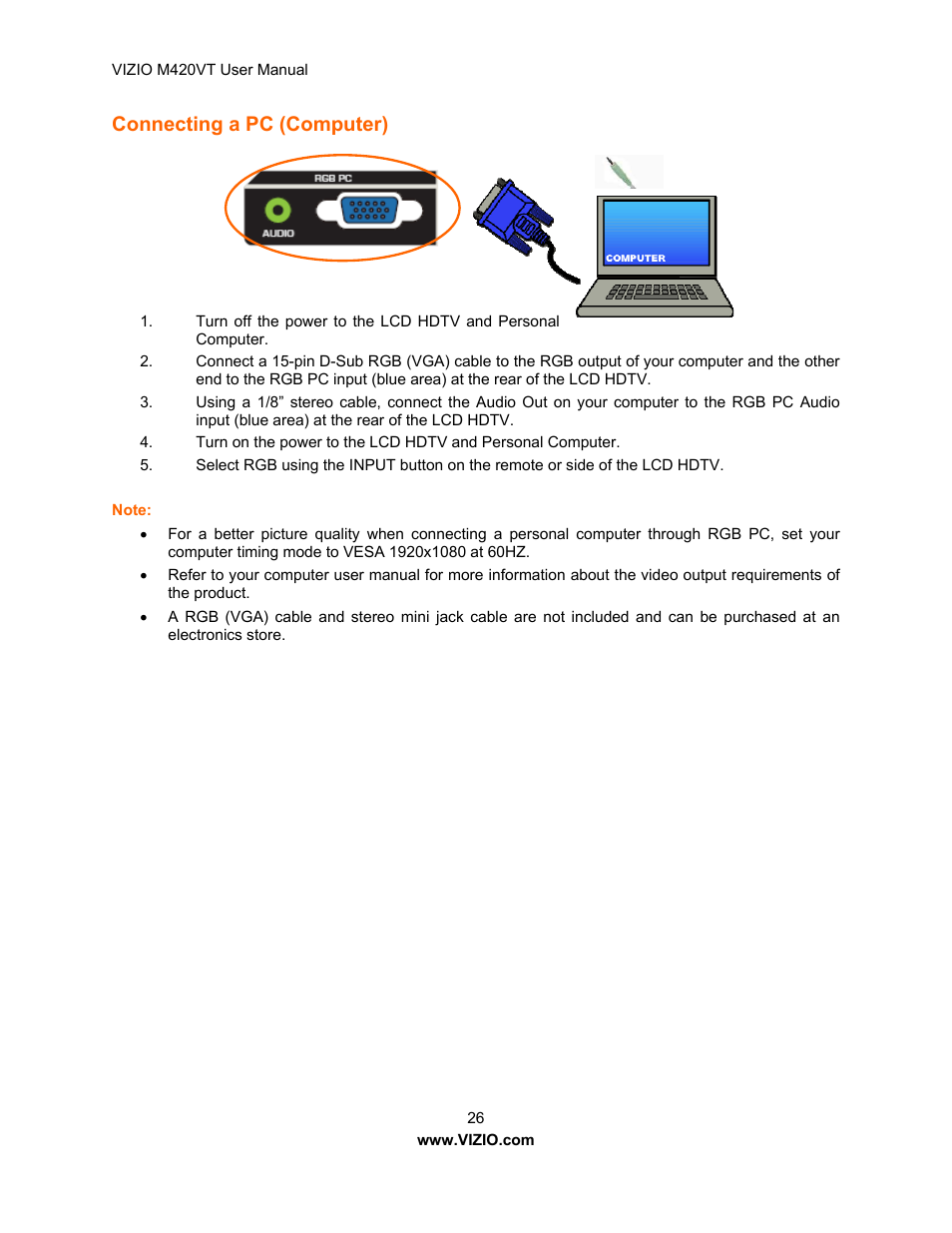 Connecting a pc (computer), Onnecting a usb (fat32 format) storage device | Vizio M420VT User Manual | Page 26 / 55