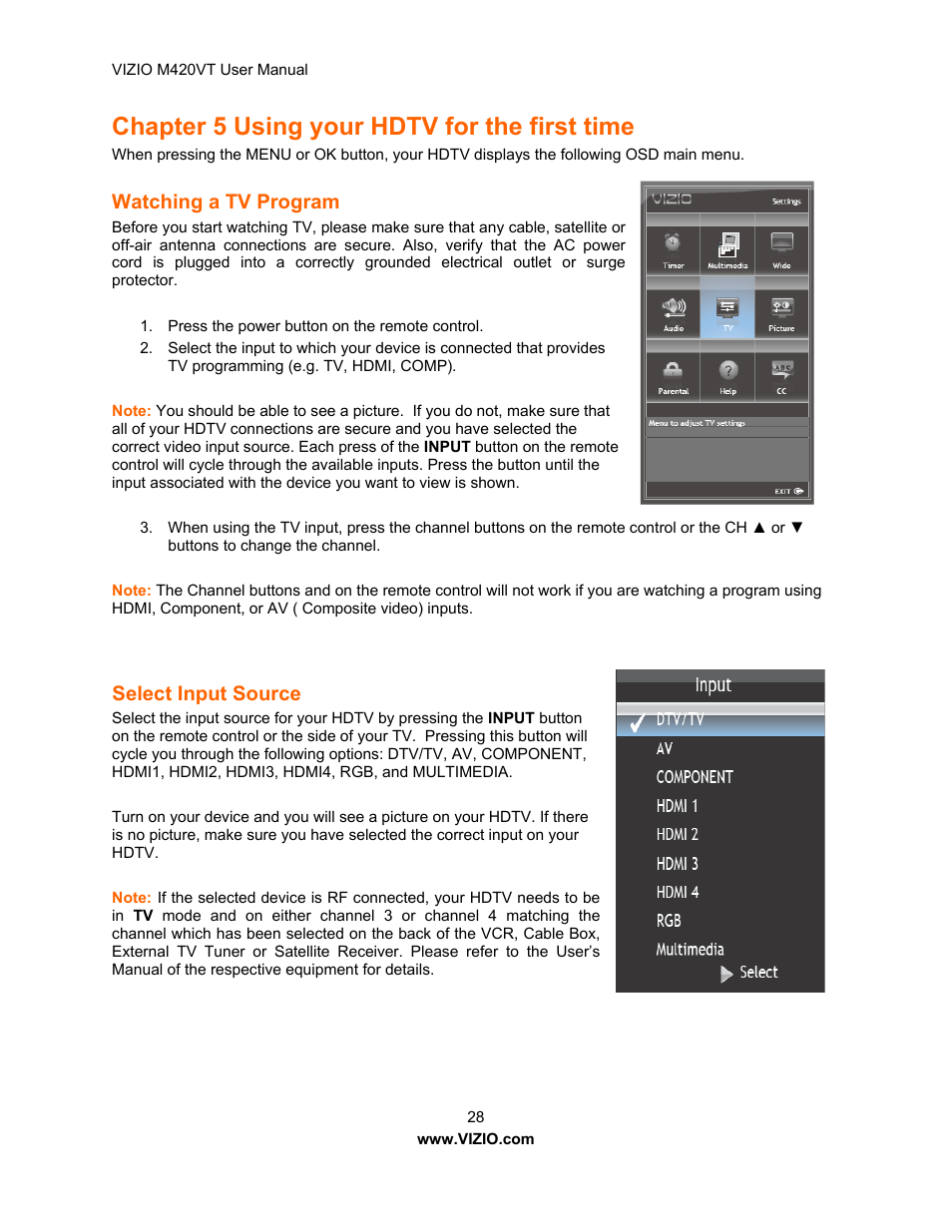 Chapter 5 using your hdtv for the first time, Watching a tv program, Connecting a pc (computer) | Hapter 4 getting started, Hapter 5 using your hdtv for the first time, Select input source | Vizio M420VT User Manual | Page 28 / 55