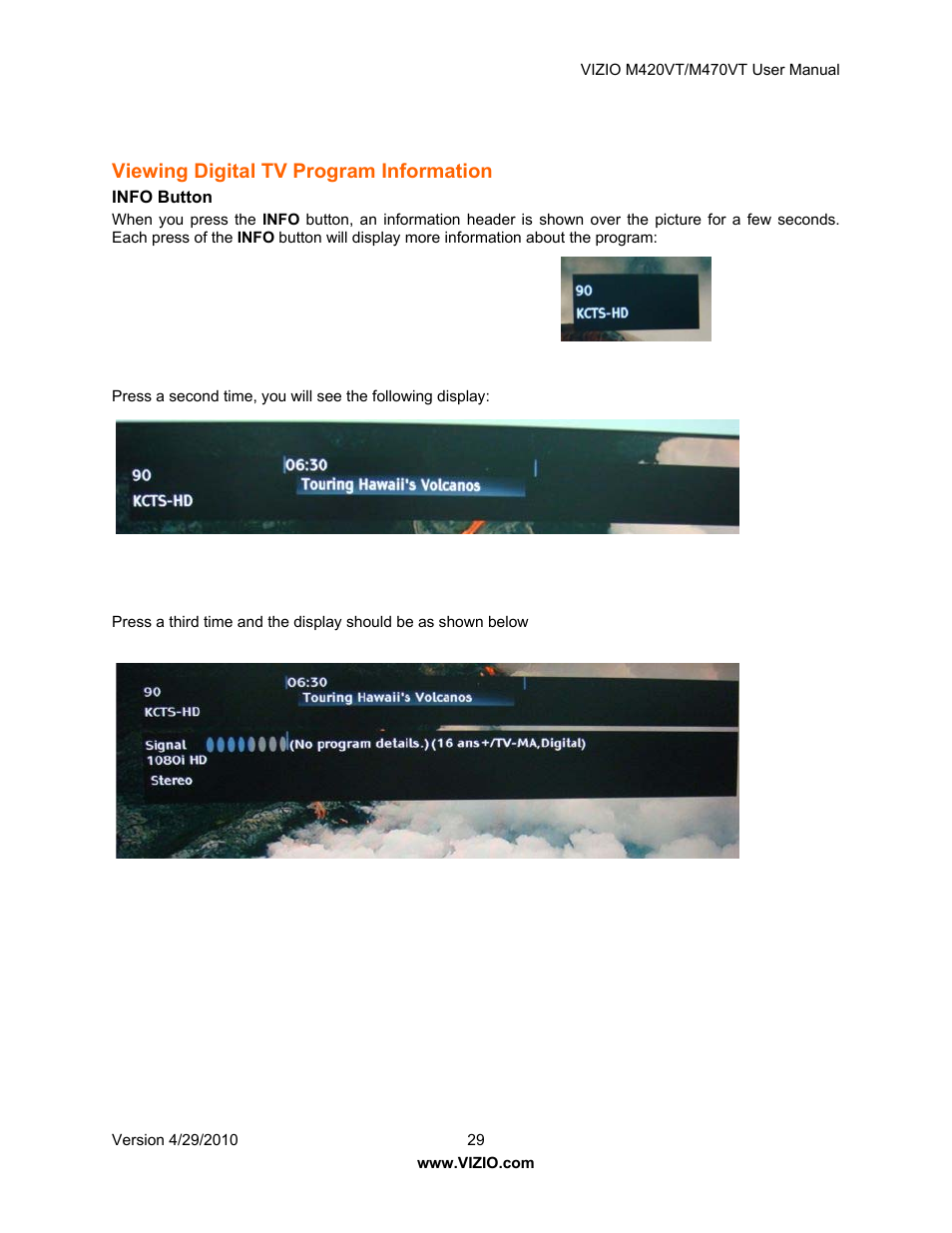 Viewing digital tv program information, Info button, Watching a tv program | Elect input source | Vizio M420VT User Manual | Page 29 / 55