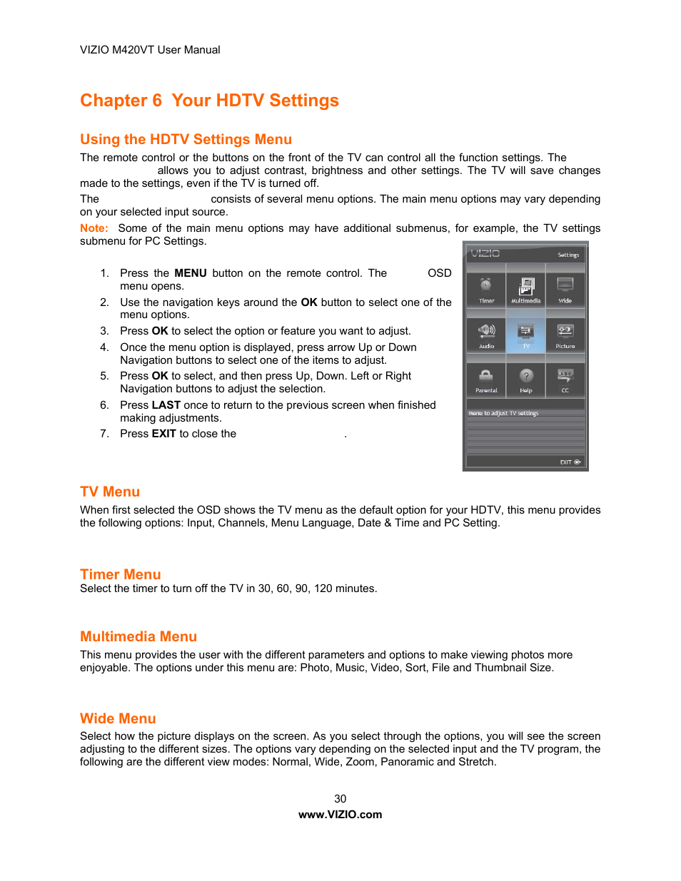 Chapter 6 your hdtv settings, Using the hdtv settings menu, Tv menu | Timer menu, Multimedia menu, Wide menu, Viewing digital tv program information, Info button, Hapter 6 your hdtv settings, Chapter 6 | Vizio M420VT User Manual | Page 30 / 55