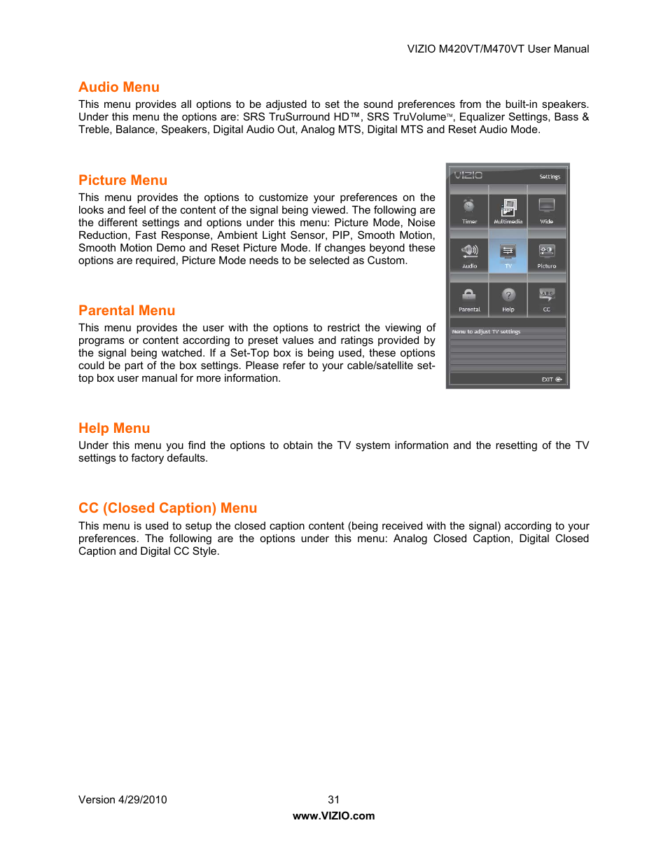 Audio menu, Picture menu, Parental menu | Help menu, Cc (closed caption) menu, Timer menu, Multimedia menu, Wide menu audio menu, Picture menu parental menu | Vizio M420VT User Manual | Page 31 / 55
