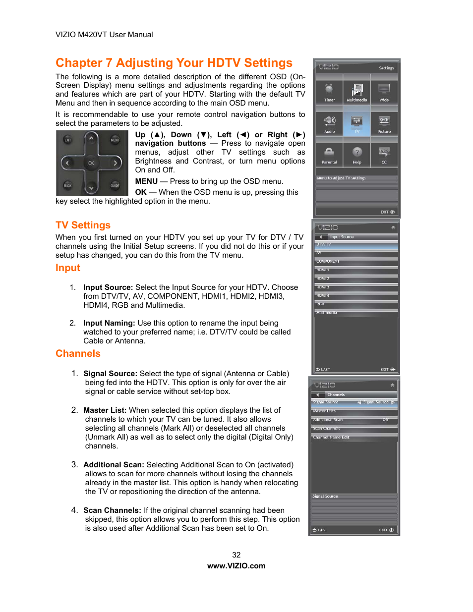 Adjusting your hdtv settings, Tv settings, Input | Channels, Help menu, Cc (closed caption) menu, Hapter 7 adjusting your hdtv settings, Chapter 7 adjusting your hdtv settings | Vizio M420VT User Manual | Page 32 / 55